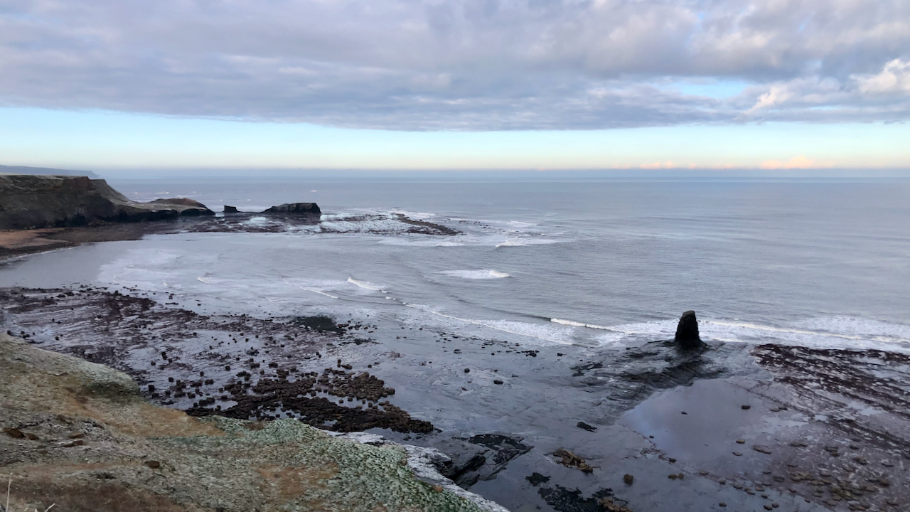 Today’s photo features Black Nab — bottom right hand corner — and Saltwick Nab — in the distance, both heavily eroded by the extensive alum workings.