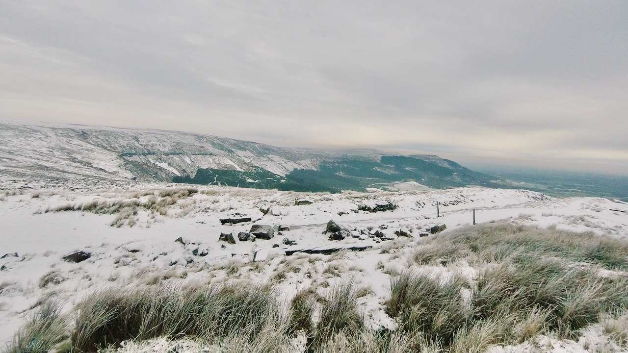 A view from the top of the Ingleby Incline across the Greenhow valley to Carr Ridge. Snow covered with an icy wind.