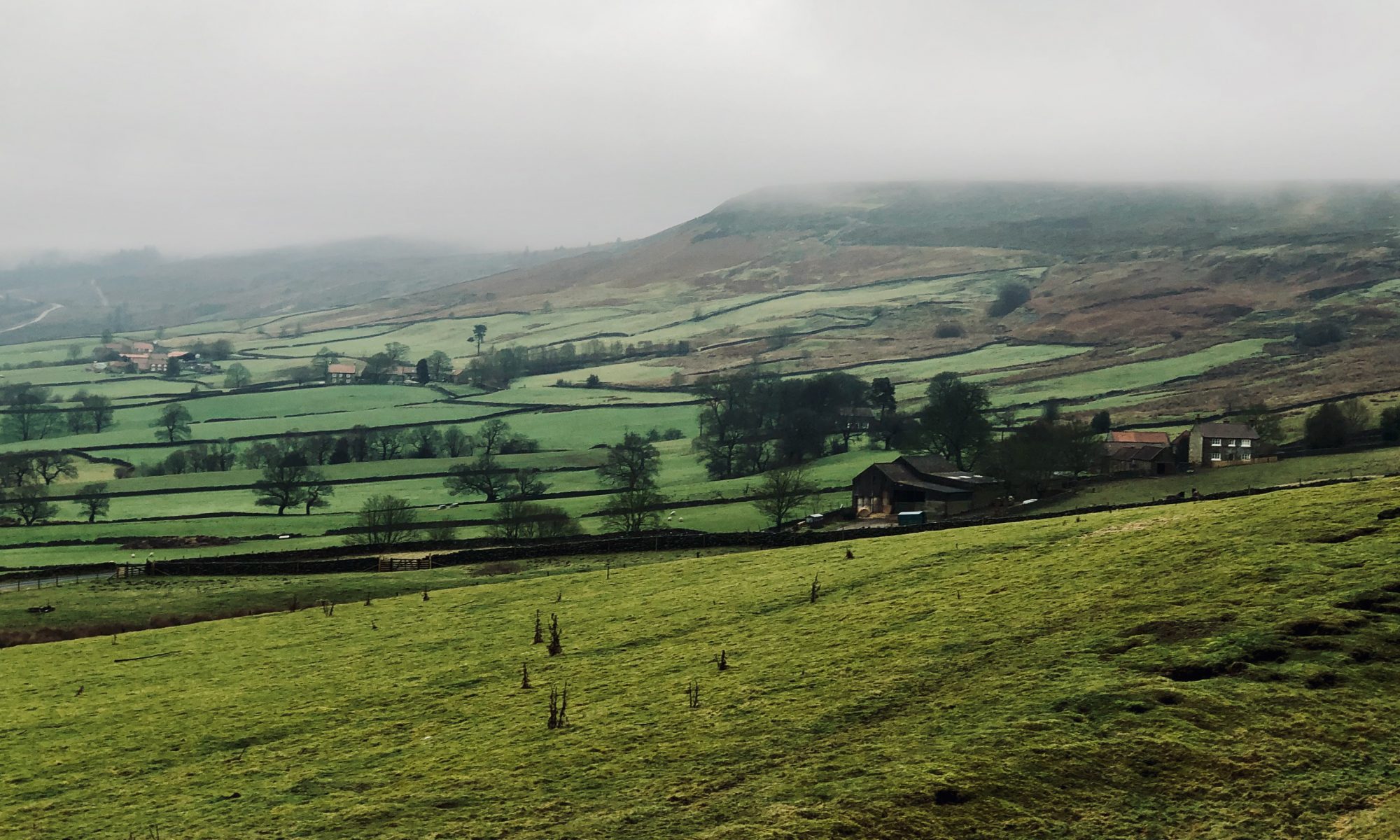 A gloomy view of Bransdale East Side. There is a dampness in the air, cloud covers the moor tops and on the right an isolated farmstead.