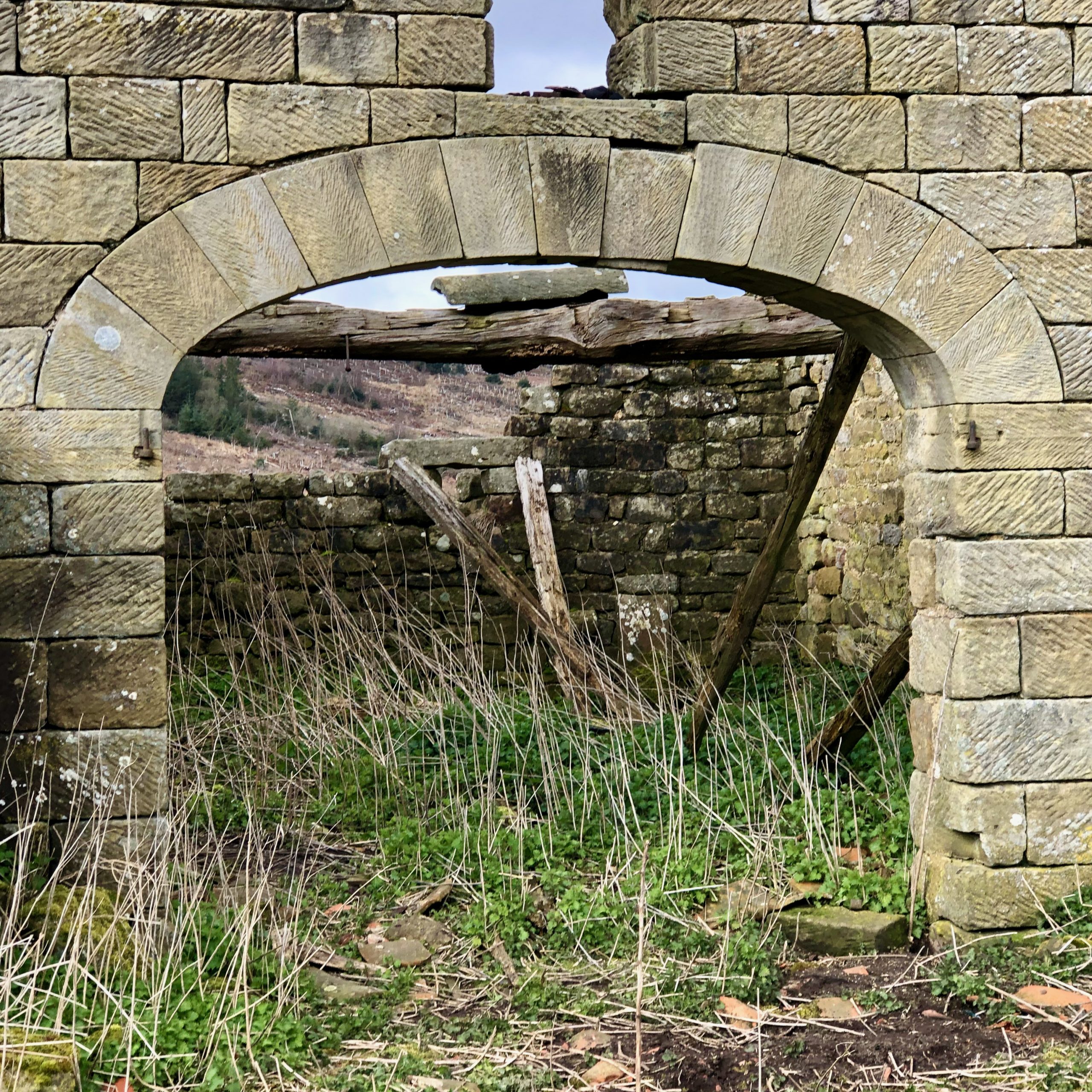 Detail of the three-centred arch in the ruined sandstone barn of Stork House. One of the voussoirs of the arch has slipped putting the whole arch in danger of collapse.