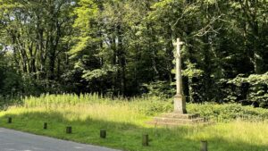 A slightly low-angle, sunlit outdoor shot captures the Queen Victoria Jubilee Memorial in Ormesby. The memorial, a tall stone cross atop a stepped pedestal, stands prominently on a grassy verge beside a paved road in the foreground. Sunlight illuminates the front of the memorial, casting long shadows to its right. Behind the memorial and the grassy area, a dense wood with tall trees forms a dark green backdrop, with some lighter green foliage in the mid-ground. Wooden posts are visible along the edge of the road, leading into the distance on the left.