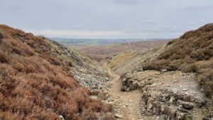 A view looking down a steep, narrow, rocky gorge, characteristic of a 'hush' in the Yorkshire Dales (a landscape feature created by historical lead mining). The steep sides are covered in reddish-brown moorland heather, and a narrow path runs along the rocky, scree-filled floor. The gorge opens out in the distance to rolling moorland and distant green hills under a cloudy, grey sky.