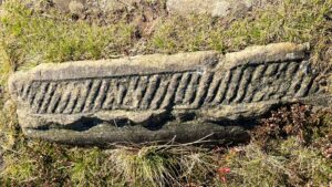 A close-up, top-down shot of a rectangular piece of weathered, carved stone partially embedded in grass and earth. The stone is roughly-hewn but features a repeating pattern of deep, parallel diagonal grooves carved across its visible face, creating a ribbed or serrated texture.