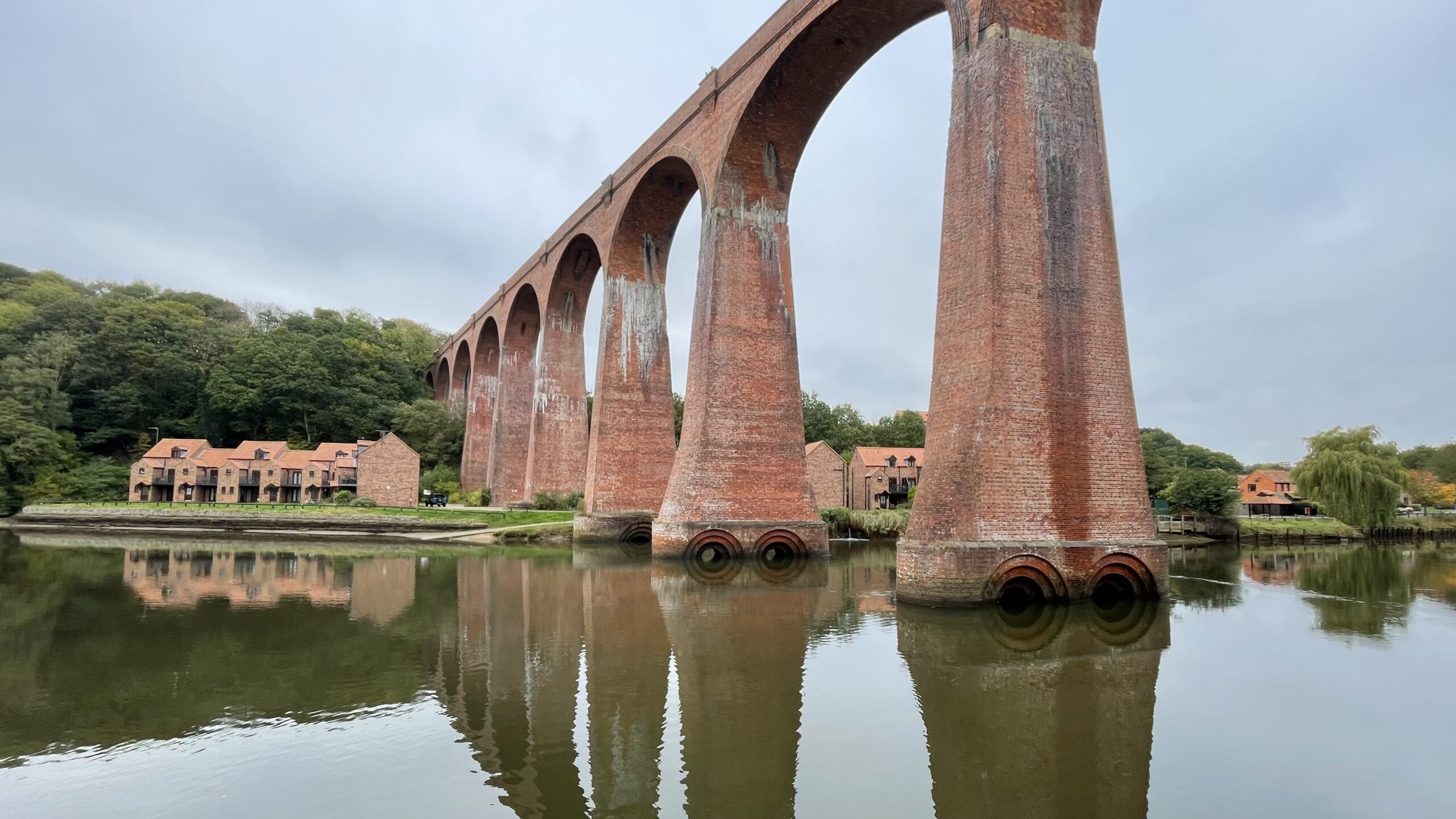 An image showing the Larpool Viaduct, a towering brick railway bridge, spanning a calm section of the River Esk. The viaduct is supported by several massive brick piers with rounded arches between them, stretching diagonally from the lower right toward the upper left. The brickwork is a deep reddish-brown. The piers nearest the viewer reflect clearly in the still, dark water below. Along the riverbank on the left are a row of modern, terraced houses with reddish-orange tiled roofs, and behind them, a dense green forest covers a hillside. The sky is overcast and grey.
