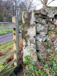 An old stone gatepost, covered in lichen and moss, stands beside a wooden field gate. The gatepost is rectangular and appears to be part of a dry stone wall. Inscribed into the face of the stone is a historical text which reads: "TO REPARE / THIS YAT / AND THE / YATSTEAD / 1737 / TH". The setting is outdoors in what appears to be late autumn or winter, with brown bracken and green weeds growing around the base of the post.