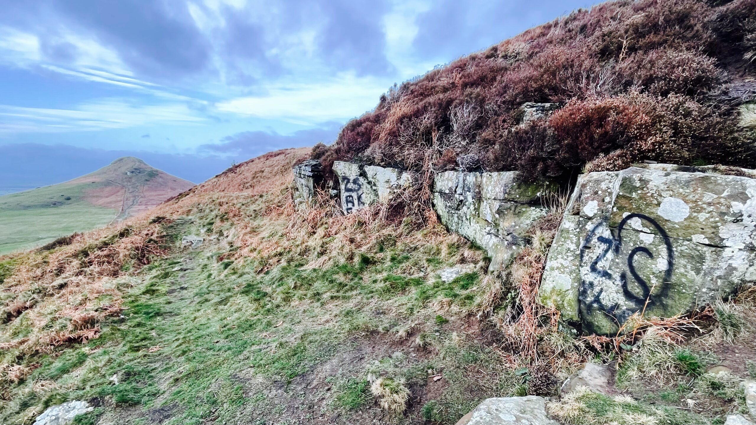 A scenic view from a grassy, heather-covered hillside looking toward the distinctive conical peak of Roseberry Topping in the distance under a cloudy sky. In the foreground, a low, rocky outcrop is marred by black spray-painted graffiti, including the letters "ZS" circled on one of the large stones.
