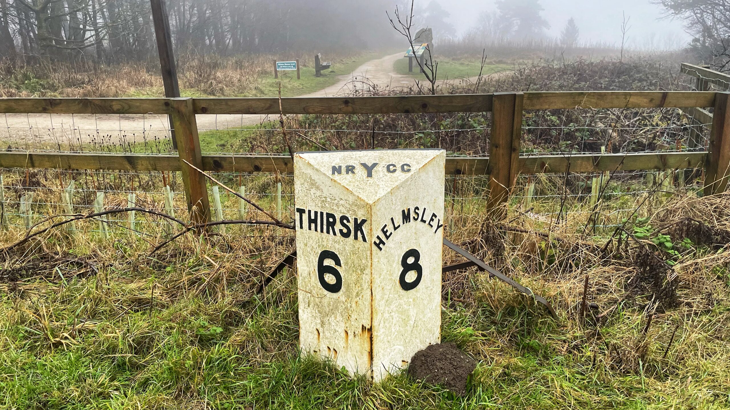 A white triangular milestone sits in the foreground of a misty outdoor scene. The milestone features black lettering: "NRY CC" at the top, "THIRSK 6" on the left face, and "HELMSLEY 8" on the right face. Behind it, a wooden post-and-rail fence runs across the midground, with saplings visible through the wire mesh. In the background, a gravel path forks into a wooded area obscured by dense fog. A park bench and a small blue sign are visible near the path.