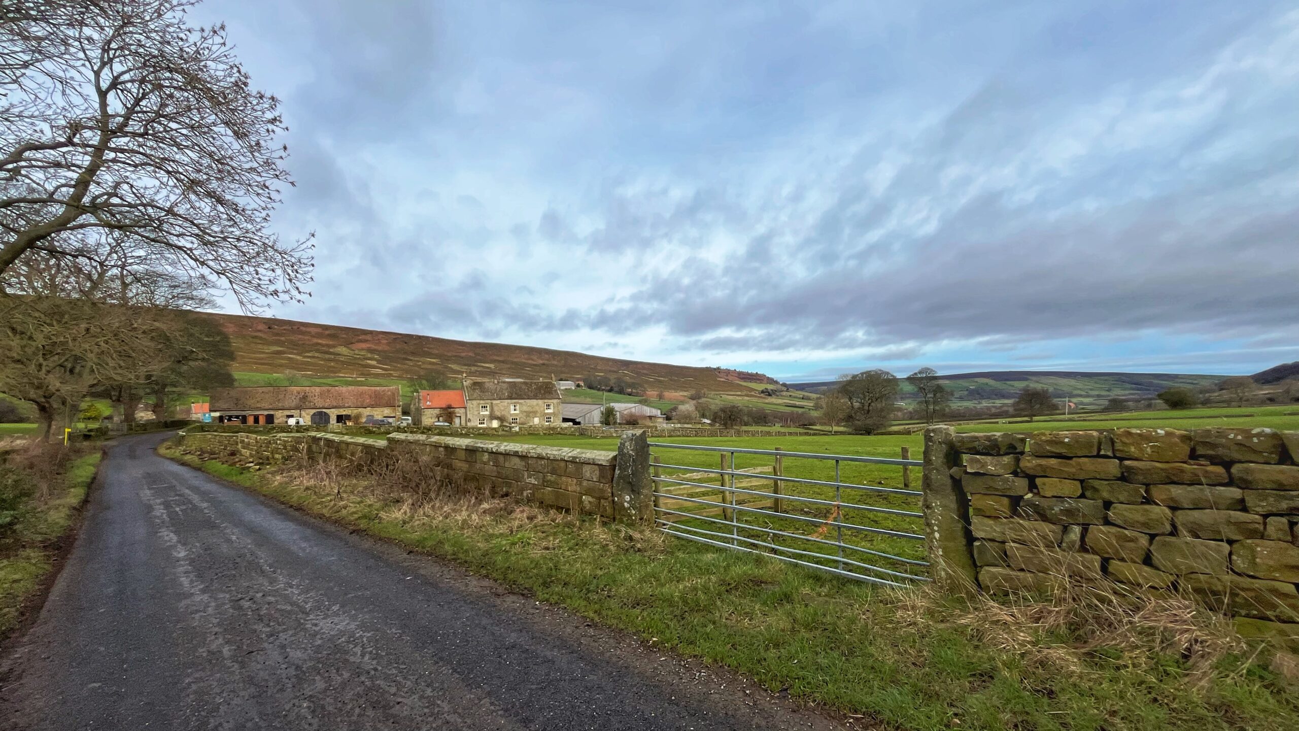 A narrow, paved country lane in Little Fryup Dale curves gently past Stonegate Farm, set against a backdrop of rolling brown and green moorland under a cloudy sky. In the foreground, a metal five-bar gate breaks up a long dry-stone boundary wall. There is a notable difference in the masonry on either side of the gate: • To the left, the wall is constructed with neat, uniform, and rectangular light-coloured stones, topped with flat, consistent coping stones. • To the right, the wall appears older and more rustic, built from irregularly shaped, weathered darker stones of varying sizes, giving it a more rugged, traditional appearance. The farm buildings, featuring a mix of stone walls and red-tiled roofs, sit nestled at the foot of the rising hillside.