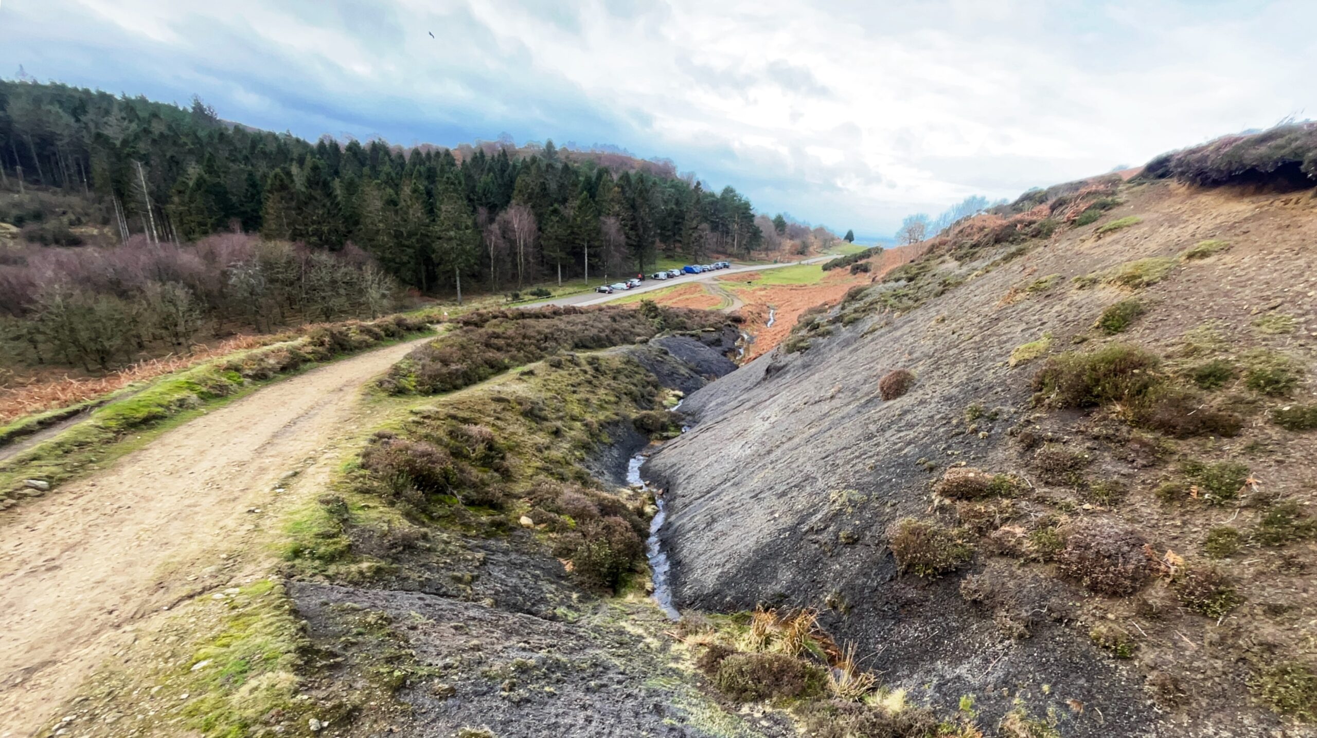 A high-angle, wide-set landscape view of Gribdale Gate under an overcast sky. A narrow, rocky stream flows through a steep, dark grey ravine in the foreground, flanked by a wide track on the left and a rugged, heather-covered slope on the right. In the middle ground, a line of cars is parked along a paved road that borders a dense forest of tall evergreen and bare deciduous trees. The rolling hills of the Cleveland Hills extend into the soft, hazy distance.