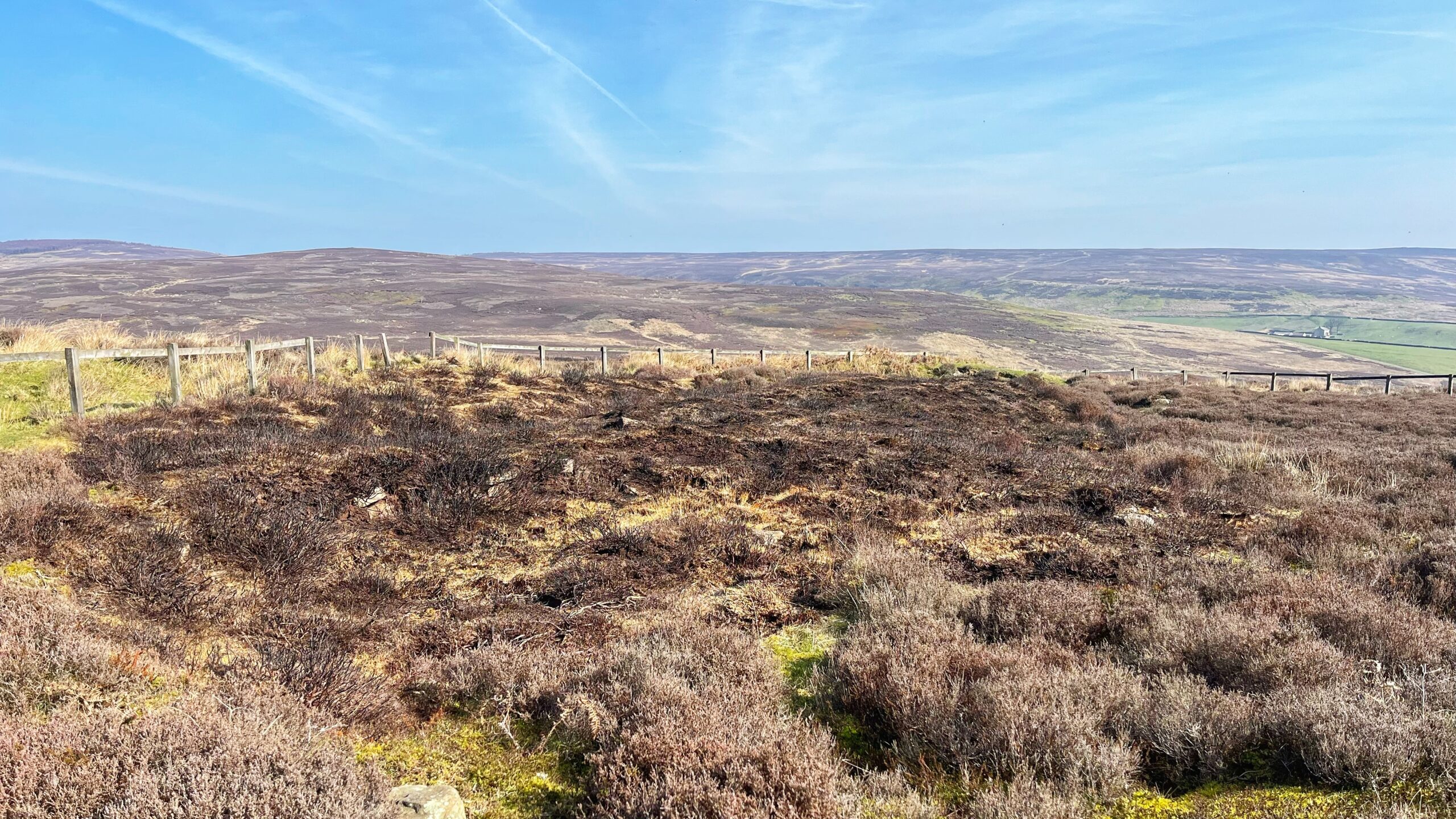 A panoramic view across open moorland on Percy Rigg, North Yorkshire, showing the site of Iron Age round houses under a clear blue sky. The foreground reveals a striking contrast between dark, recently burned heather and unburned tawny-brown heather scrub, illustrating the effects of controlled burning on the moorland surface. A post-and-rail fence encircling the site runs along the ridge line. In the far distance, rolling moorland meets a valley of green fields on the right horizon.​​​​​​​​​​​​​​​​