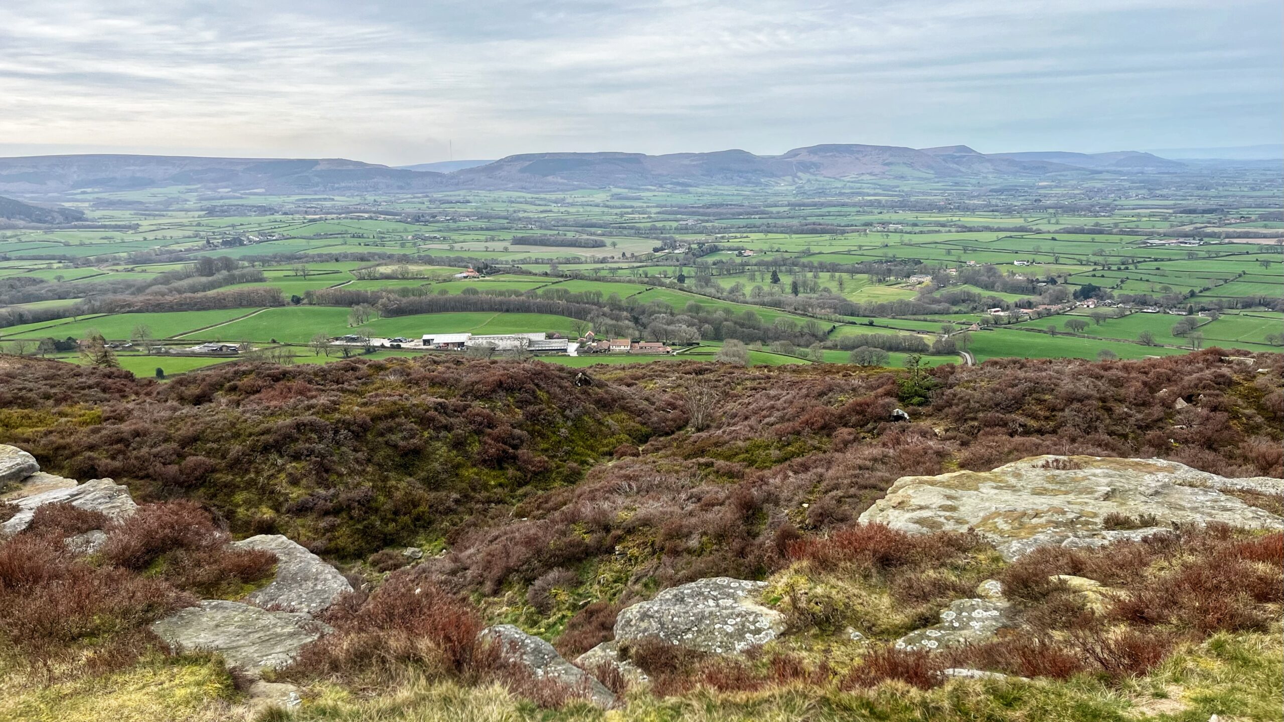 View from Captain Cook’s Monument, looking south-west across a wide vale of patchwork green fields divided by hedgerows and dry-stone walls. Heather moorland and lichen-covered gritstone boulders fill the foreground. A farm with white-roofed buildings sits in the middle distance. Bare winter trees are scattered across the valley floor. On the horizon, the flat-topped hills of the Cleveland Hills rise under a pale, overcast sky.​​​​​​​​​​​​​​​​