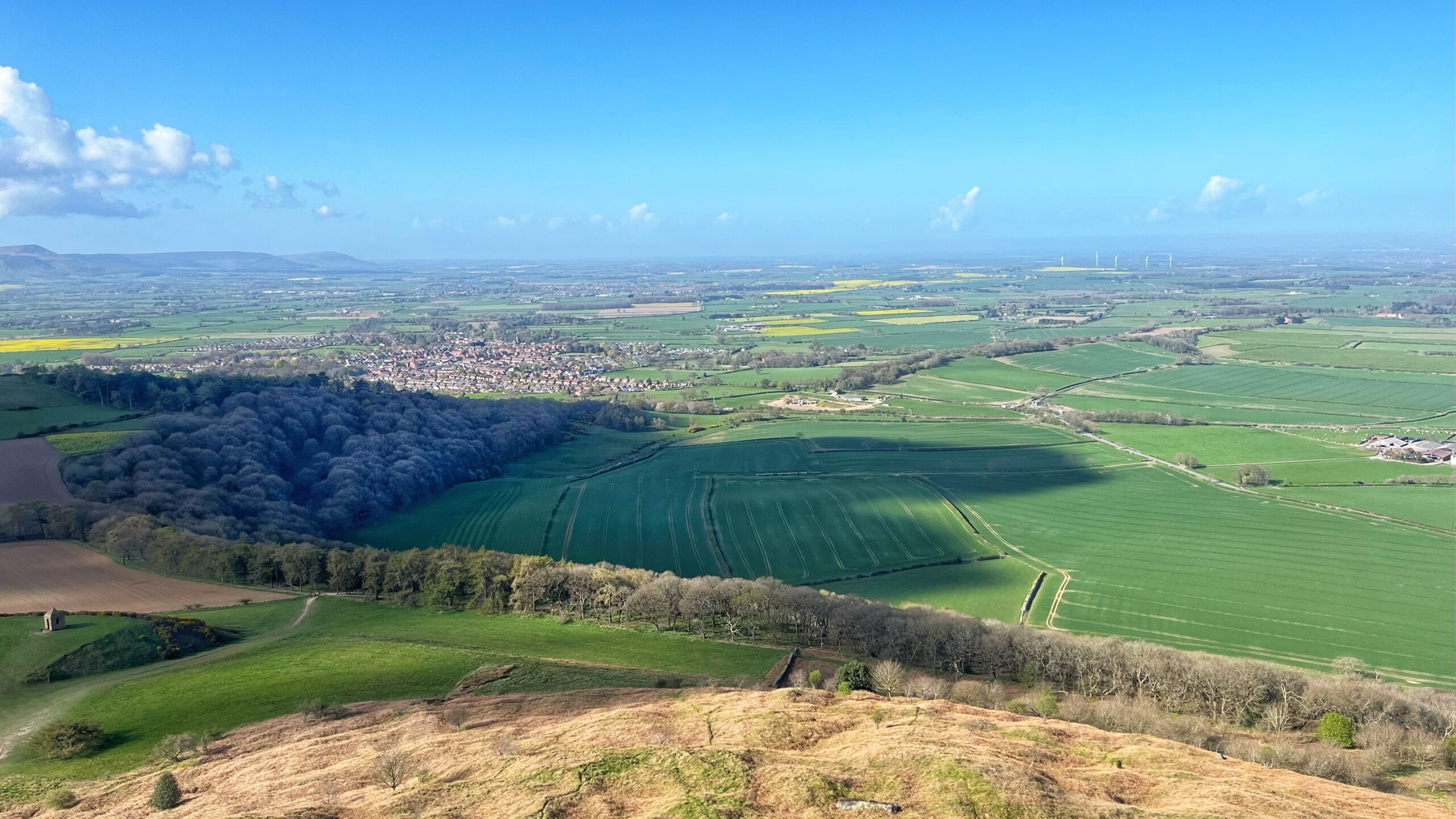 A panoramic view from the summit of Roseberry Topping, North Yorkshire, looking west across a broad patchwork of green fields and hedgerows towards the village of Great Ayton, which sits nestled amongst trees in the middle distance. A large area of woodland casts a deep shadow across the fields immediately below. Yellow rapeseed fields and wind turbines are visible on the flat plain beyond, stretching towards the horizon under a bright blue sky with scattered cloud. In the bottom left, a small stone structure sits on the hillside. The foreground shows the dry, tawny bracken of the hill’s slopes.​​​​​​​​​​​​​​​​