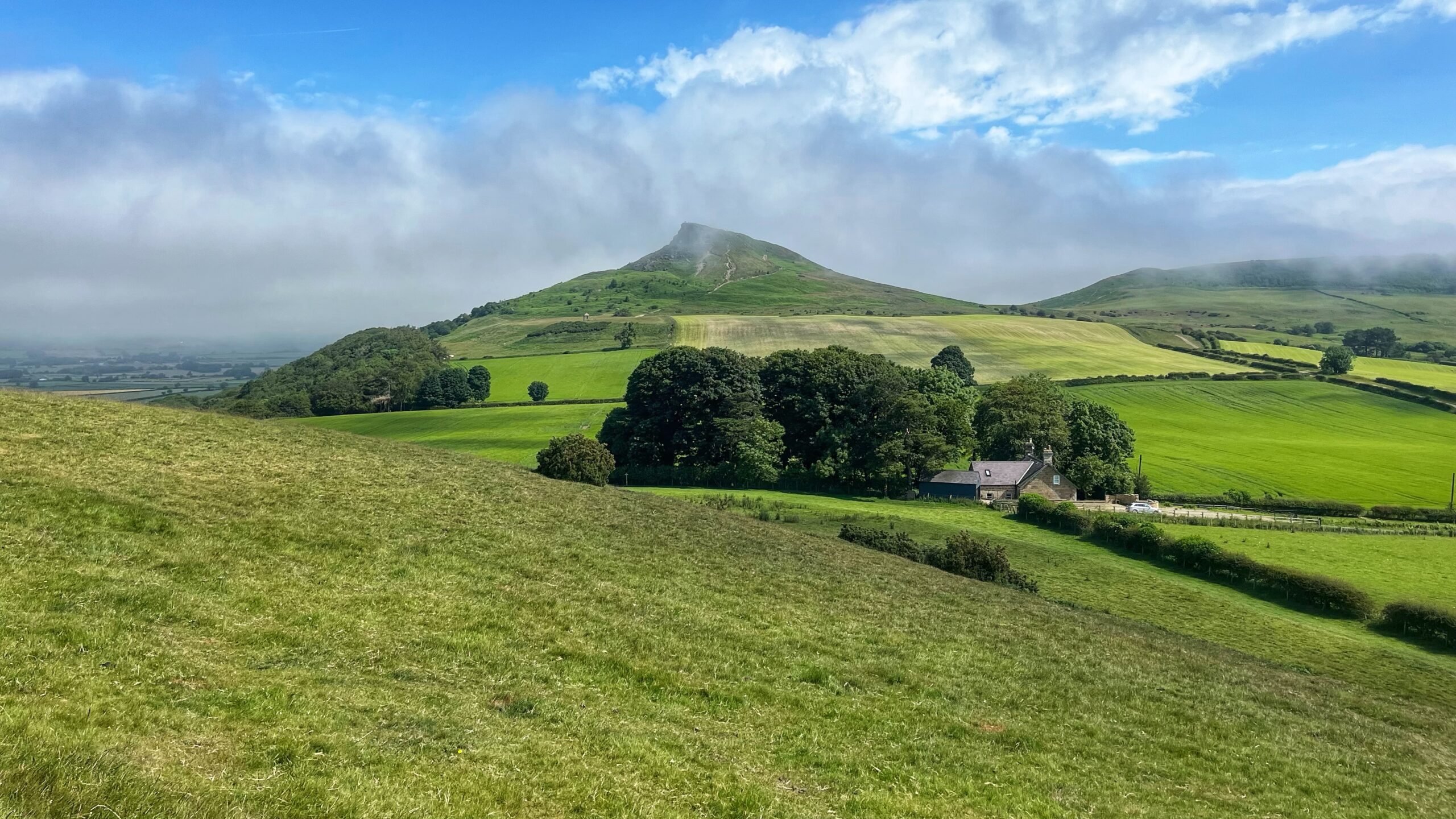Roseberry Topping rising above green farmland, its distinctive jagged peak catching clear sky while a thick bank of a sea fret rolls across the lower plain behind it, swallowing the horizon in grey mist. A stone cottage sits among trees at the foot of the hill, with patchwork fields and hedgerows stretching off to the right under blue sky and scattered cloud.