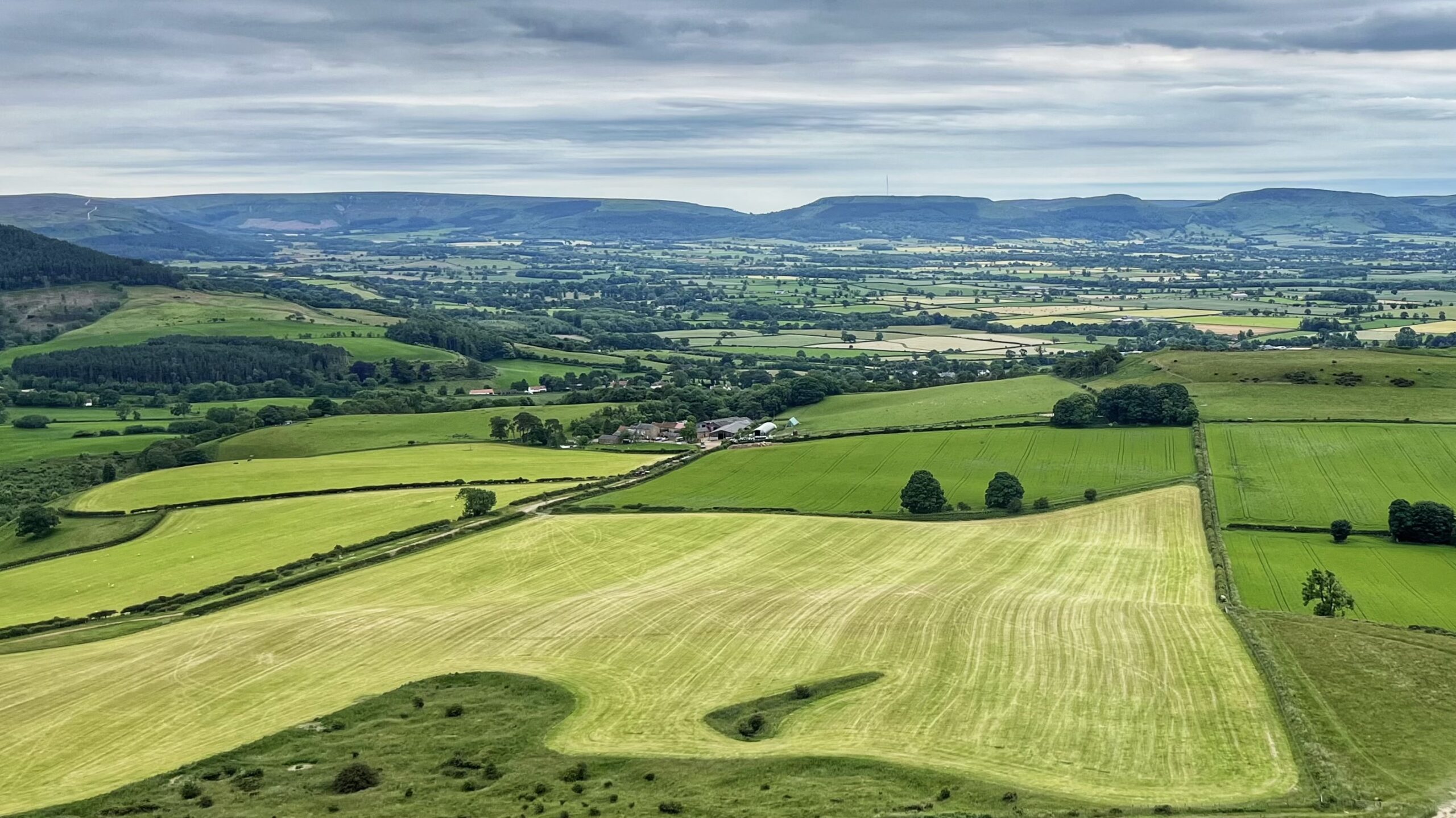 A wide aerial view across a patchwork of green fields in the North York Moors, looking south-west towards the Cleveland Plain. In the foreground, a large hay meadow shows fresh mowing lines, cut around two shallow depressions where the ground dips — one a rough teardrop shape, one a small peninsula of uncut grass — betraying the collapsed roof of old ironstone workings below. A farm sits in the middle distance, framed by hedgerows and field tracks. Beyond, the valley floor spreads out in a quilt of greens and pale yellows, dotted with woodland and scattered villages, beneath a flat-topped escarpment on the horizon under a grey, layered sky.